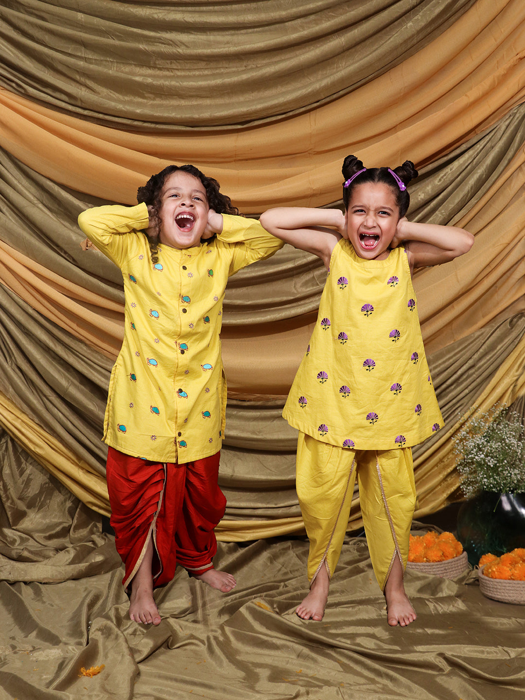 Yellow Turtle and Floral Sibling set