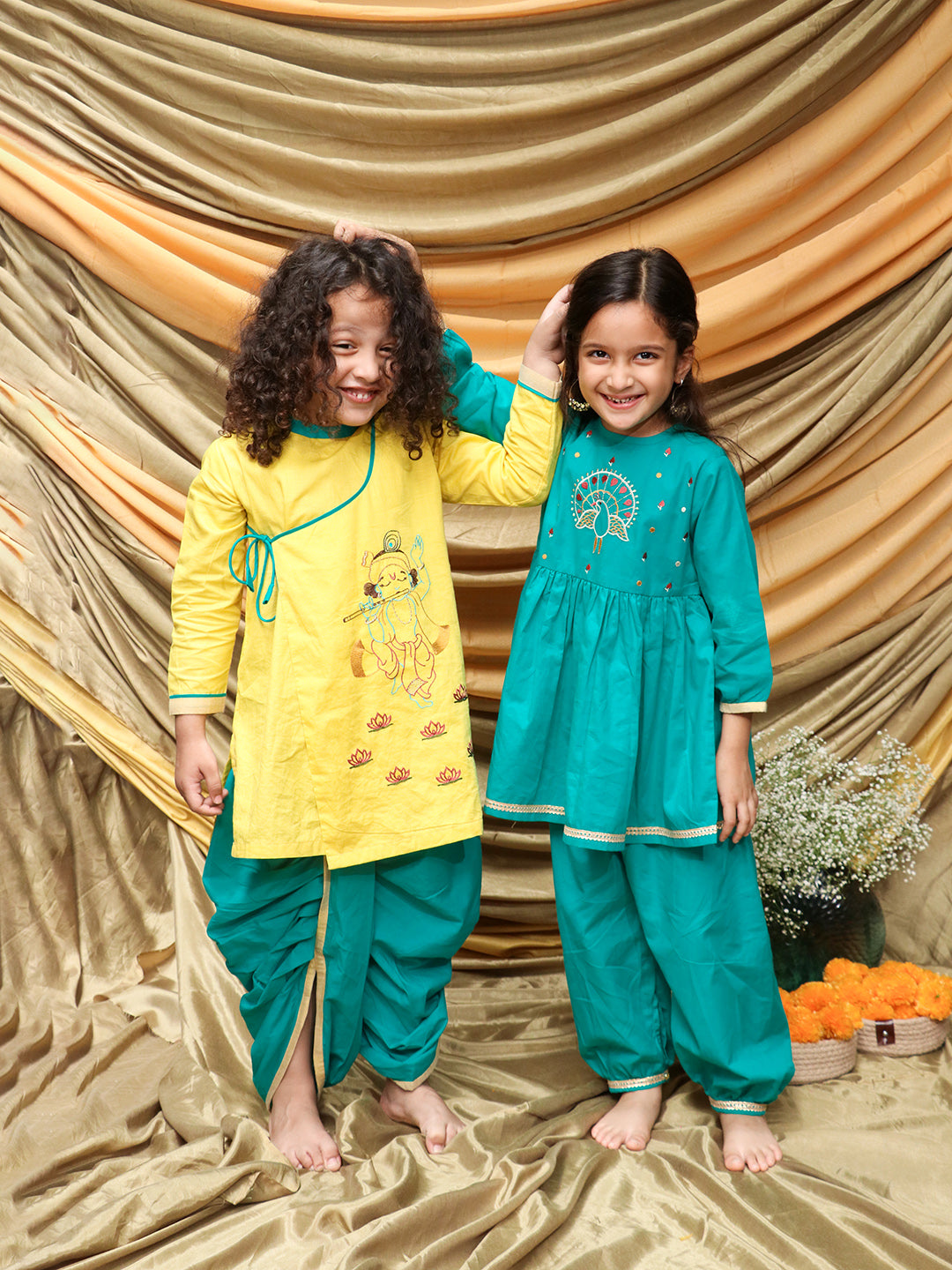 Yellow Krishna and Peacock Motif Sibling set