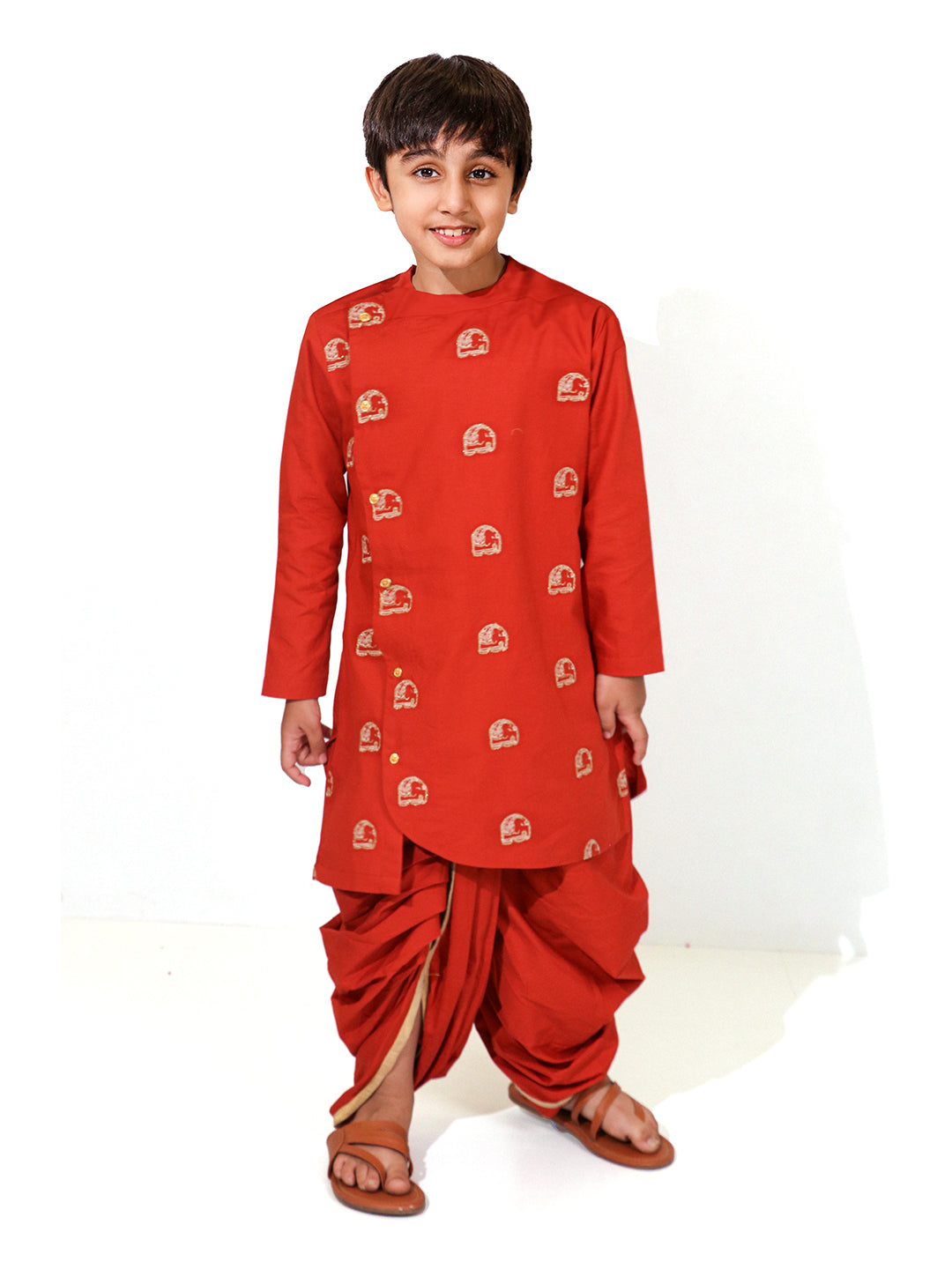 Boys Red Elephant Embroidered Kurta with Dhoti