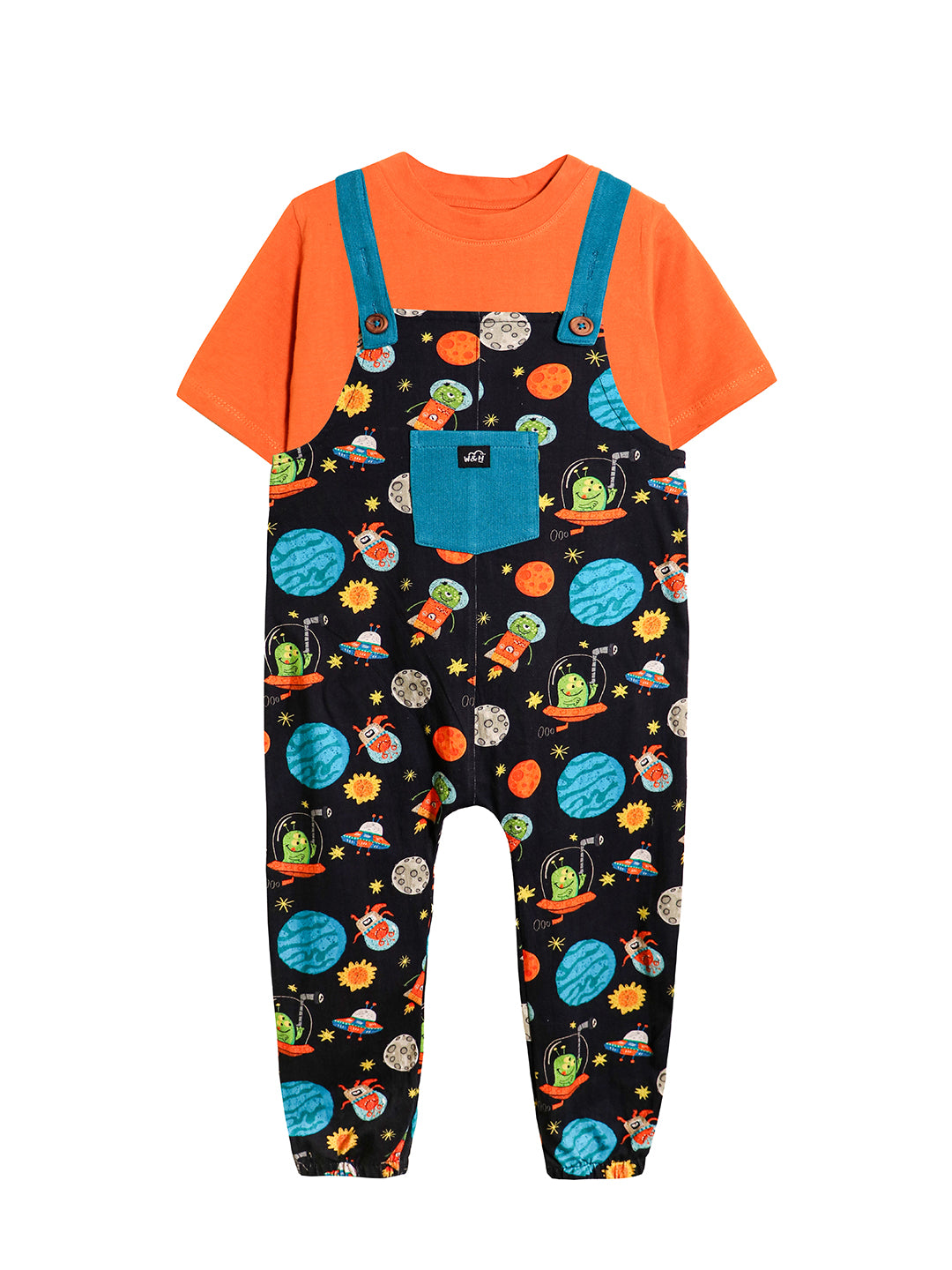 Space Alien Cotton  Dungaree with Orange T-shirt for Boys & Girls