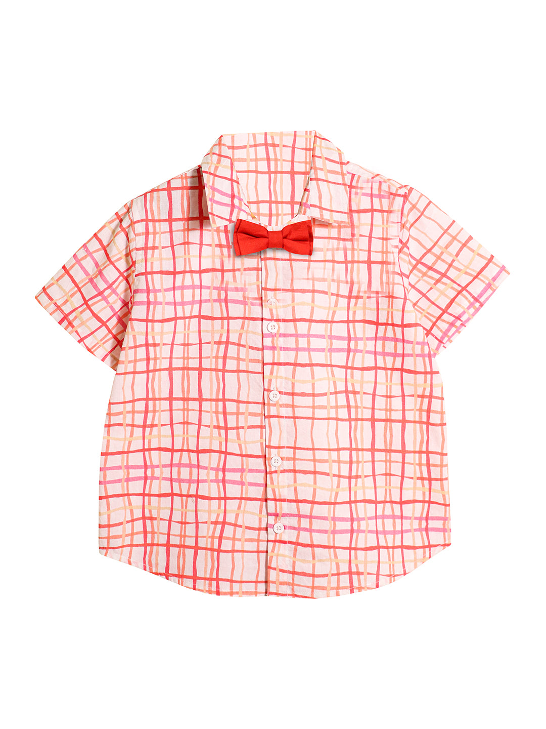 Boys Cotton Pink Check Shirt, Bow & Beige Pink Shorts