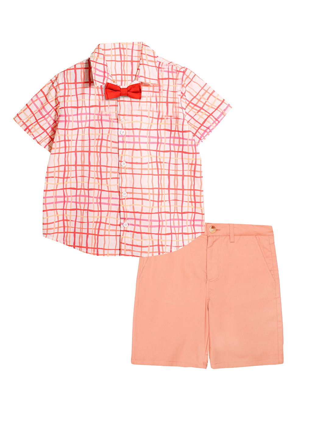 Boys Cotton Pink Check Shirt, Bow & Beige Pink Shorts