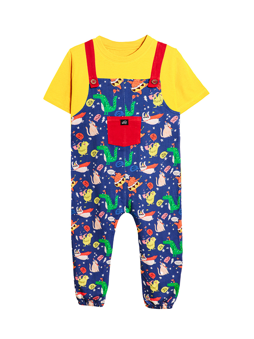 Animal Party Cotton Dungaree with Yellow T-shirt for Boys & Girls