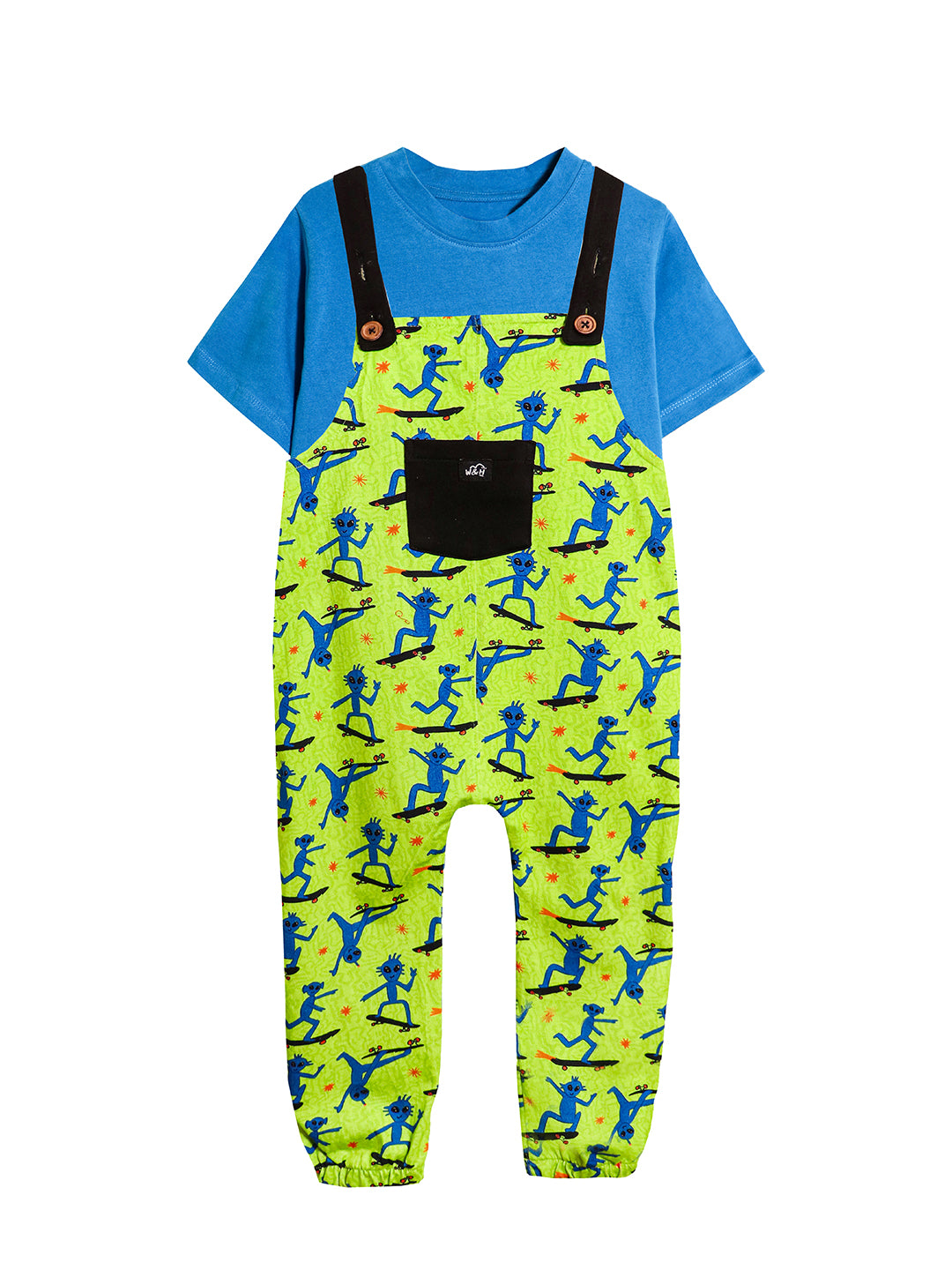 Alien Skater Cotton Dungaree with Blue T-shirt for Boys & Girls