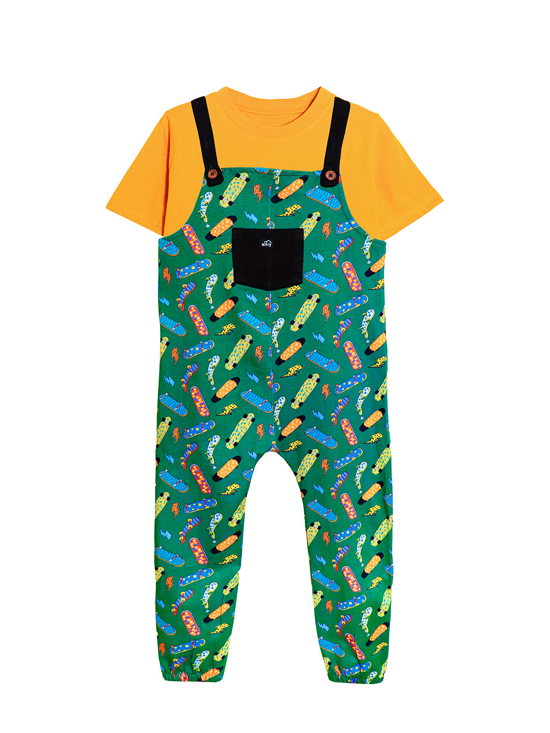 Skateboard Cotton Dungaree with Yellow T-shirt for Boys & Girls