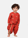 Boys Red Elephant Embroidered Kurta with Dhoti