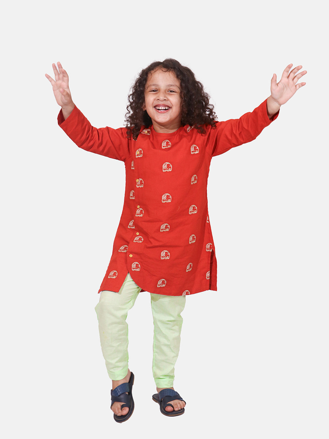 Boys Red Elephant Embroidered Kurta with Pants