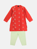 Boys Red Elephant Embroidered Kurta with Pants