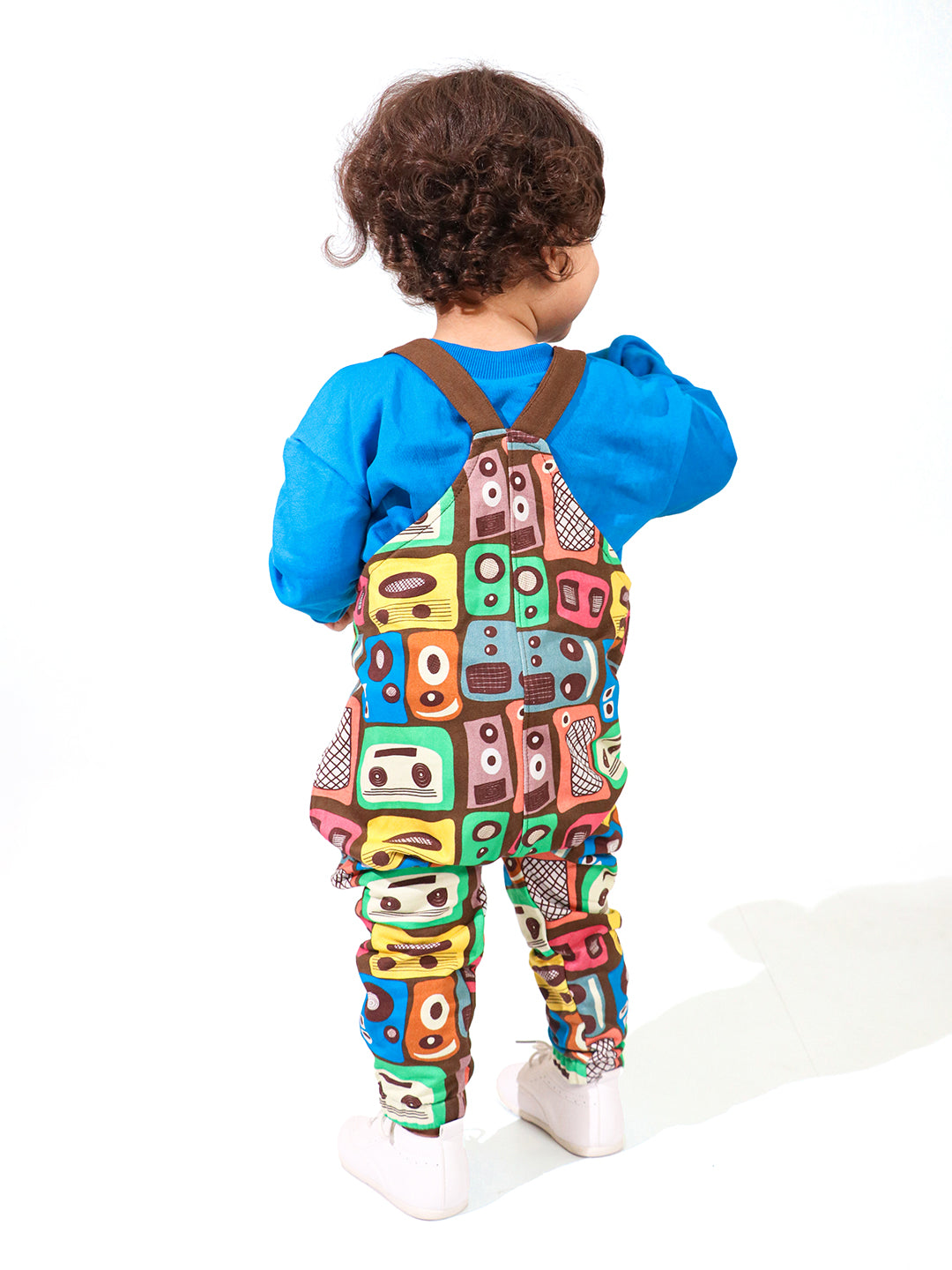Whistle & Hops Retro Music Tape Dungaree with Blue Sweatshirt