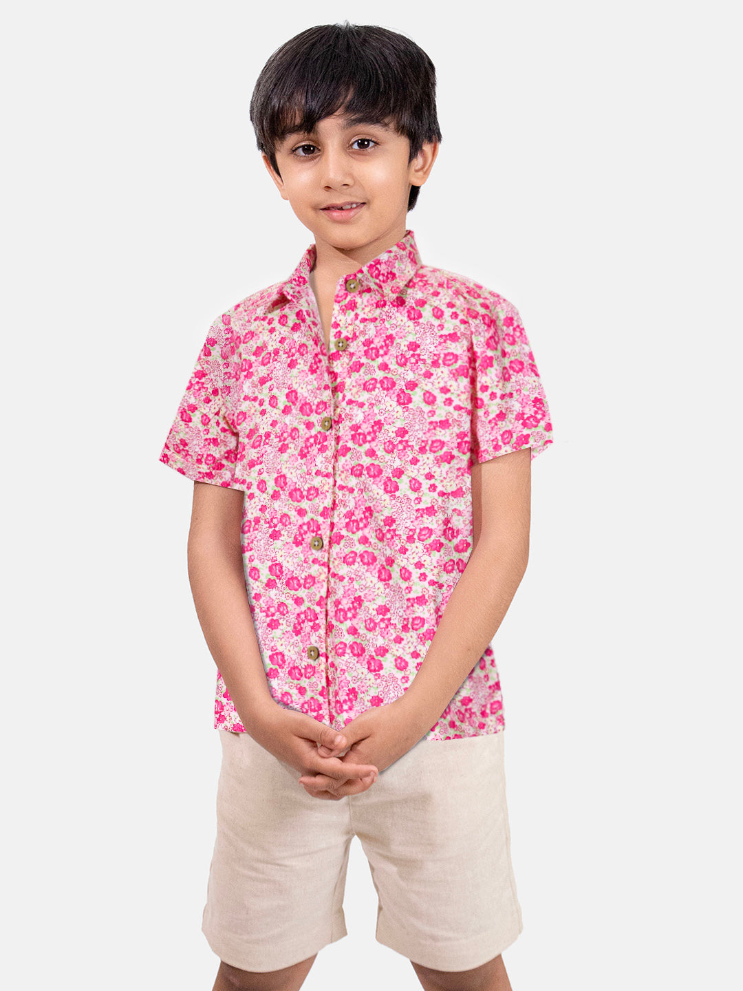 Boys Pink Floral Printed Cotton Shirt