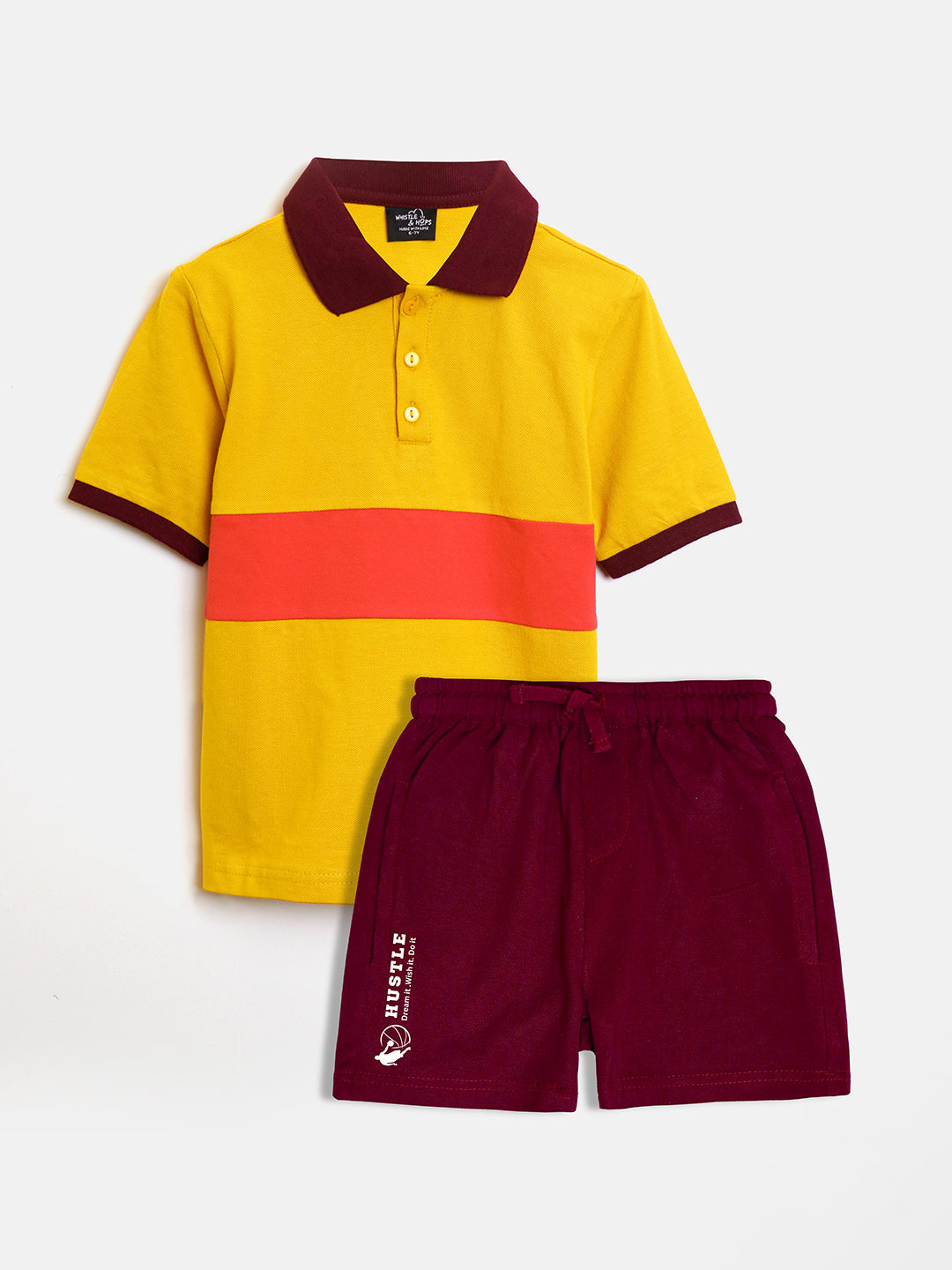 Yellow Panelled Classic Polo-Shorts Set