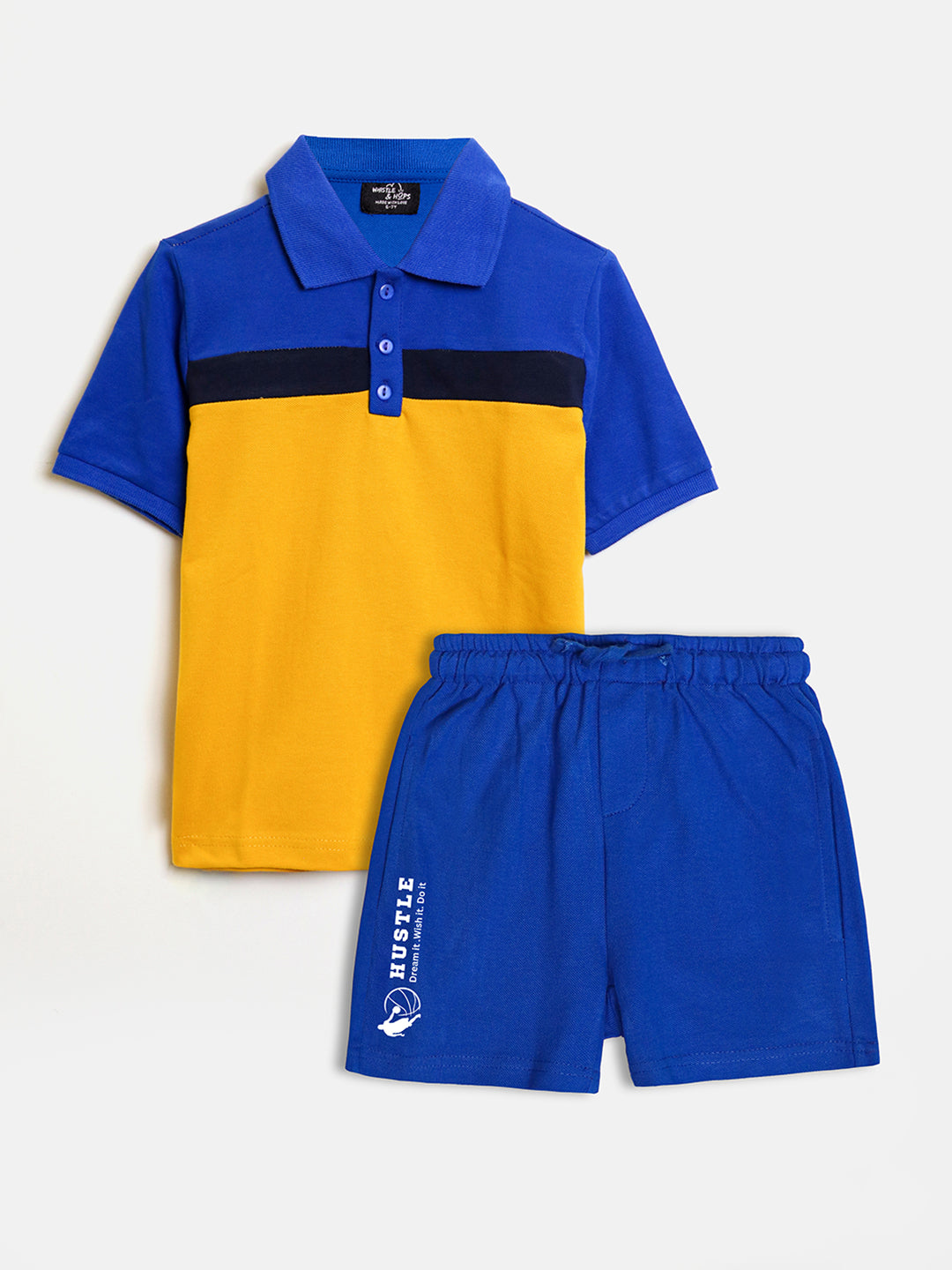 Blue Panelled Classic Polo-Shorts Set