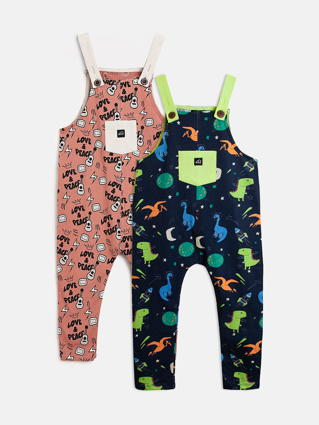 Dungarees Combo- Dino Space and Love&Peace