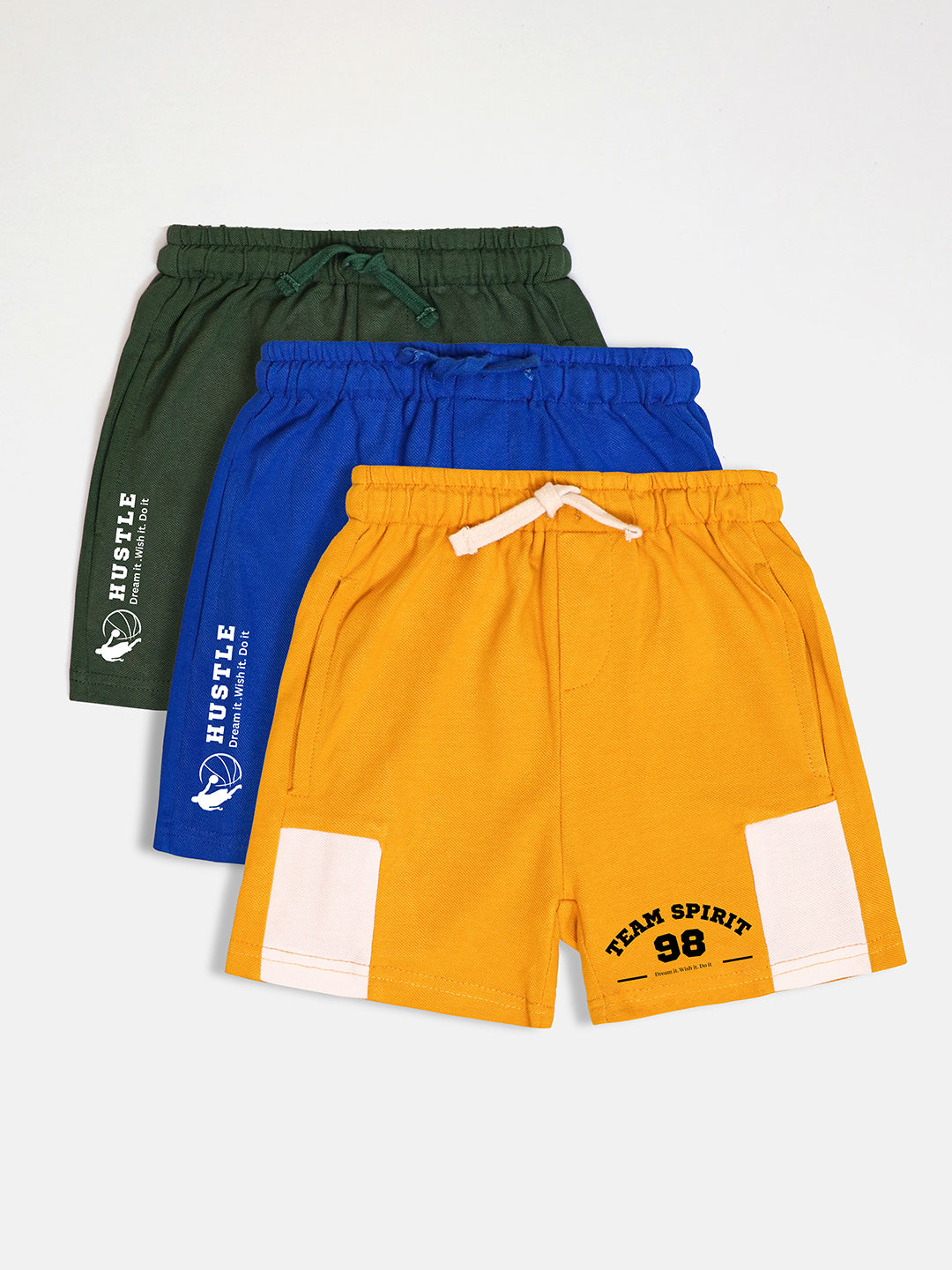 Boys Cotton Shorts Combo- Blue, Yellow, Green