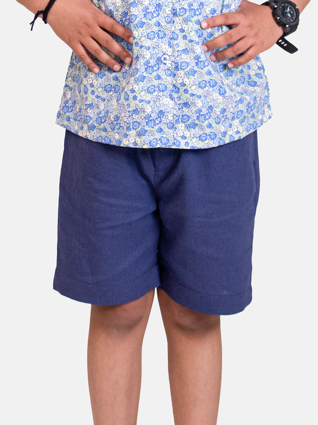 Boys Elastic Navy Blue Linen Shorts