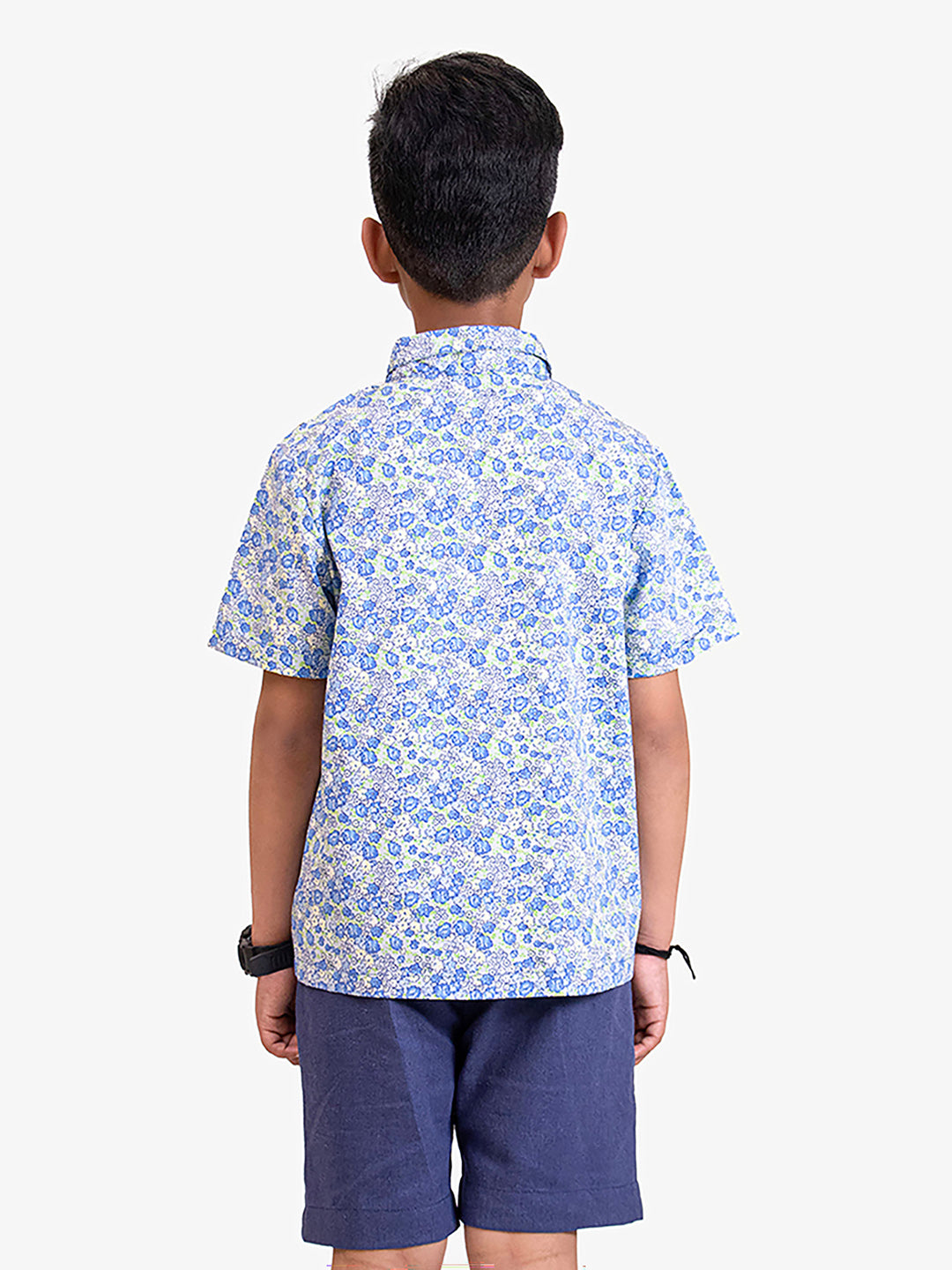 Boys Blue Floral Printed Cotton Shirt